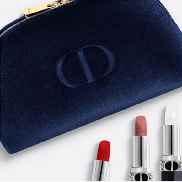 DIOR NEW Trousse Pouch Make Up Bag Navy Blue Velvet CD Logo Gold Zipper Trim - Picture 1 of 11